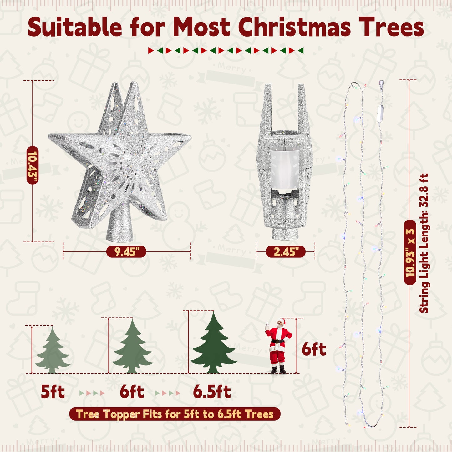 Christmas tree topper and string lights with measurements and compatibility details on a white background.