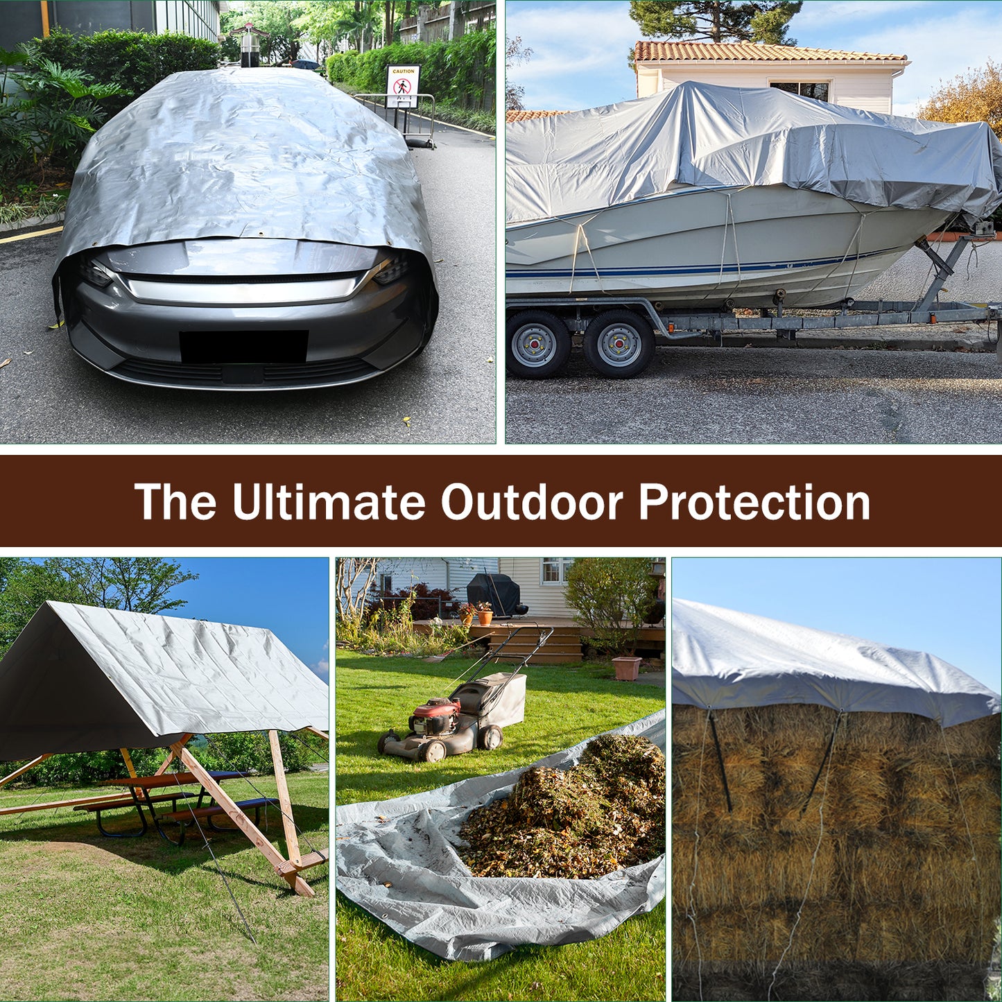 Collage of various items covered with a protective cover, emphasizing outdoor protection.