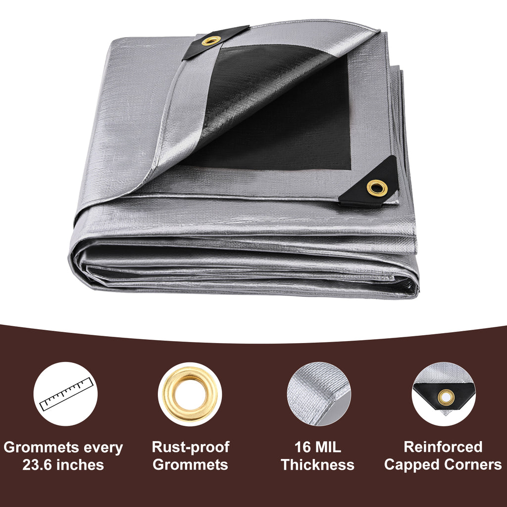 Folded tarp with grommets and features on a white background