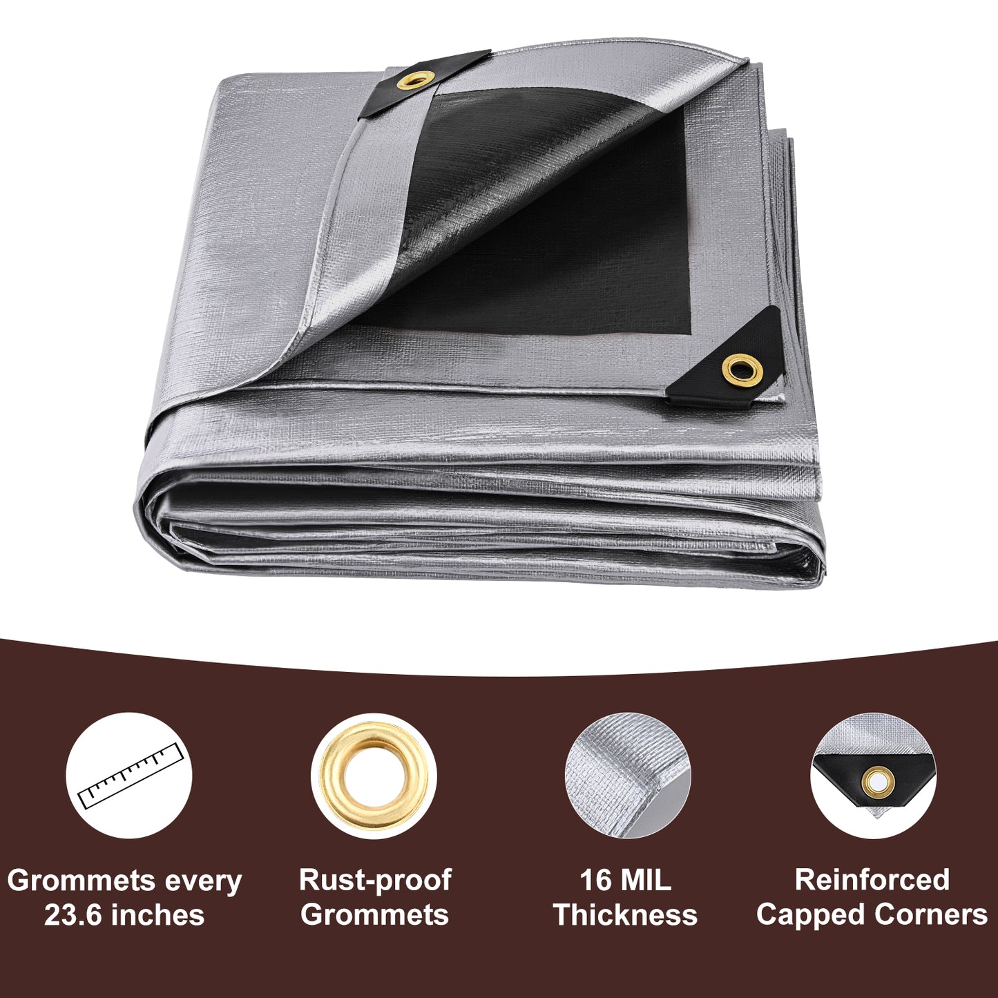 Folded tarp with grommets and features on a white background