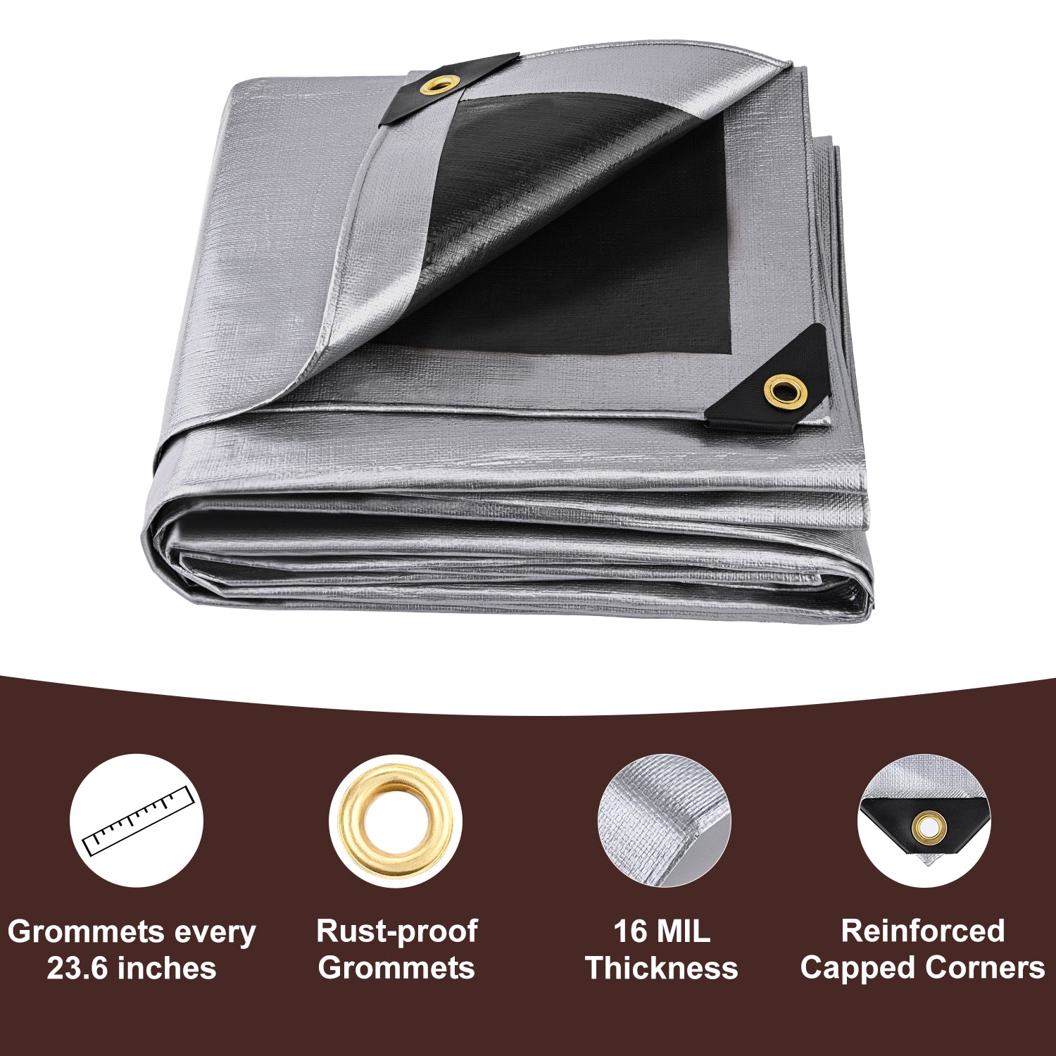 Folded tarp with grommets and features on a white background