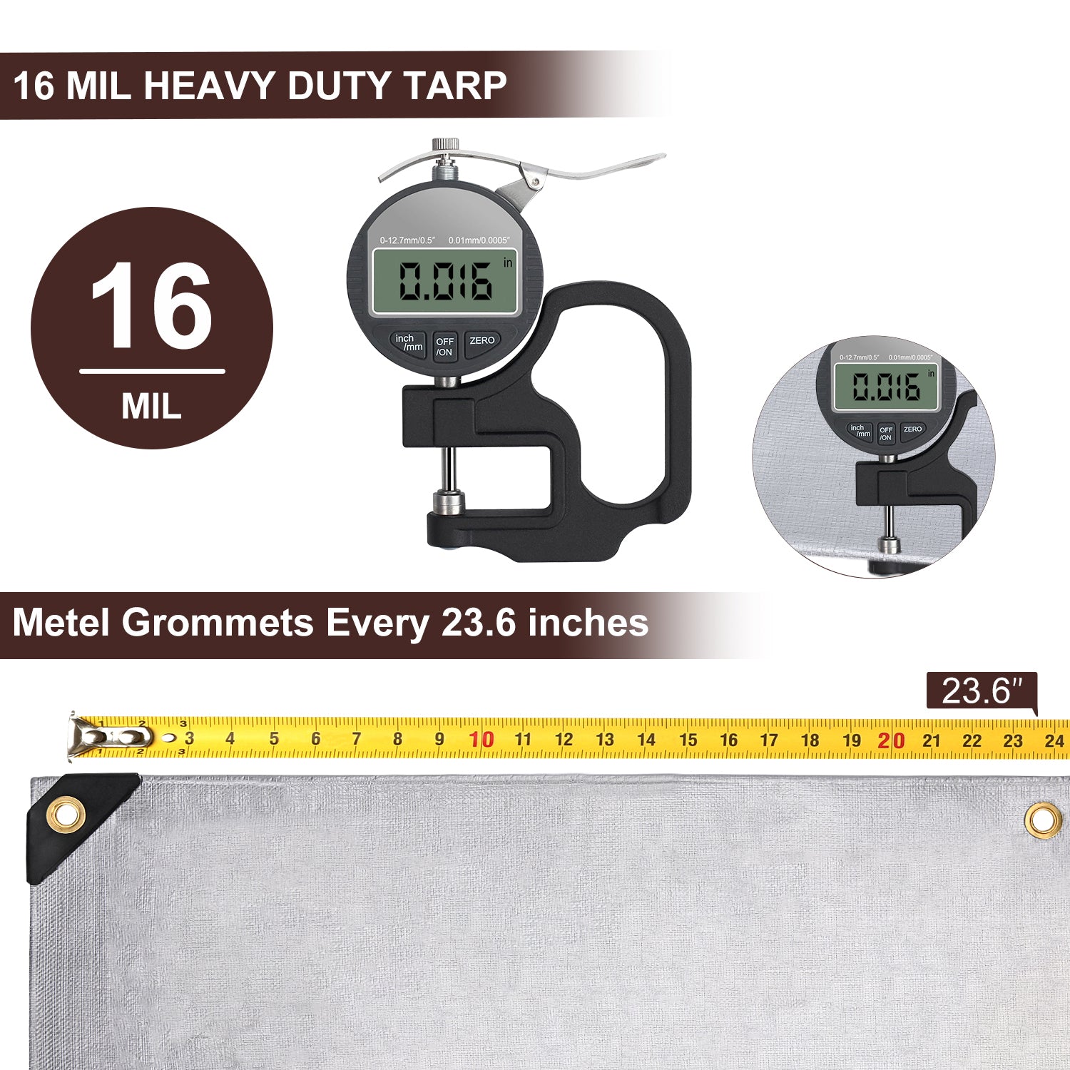 Heavy-duty tarp with measurement tools showing thickness and grommet spacing.