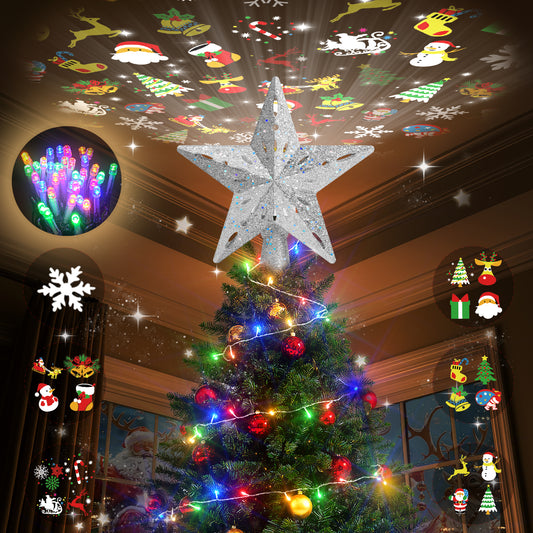 Decorated Christmas tree with star topper and colorful lights, surrounded by festive ceiling decorations.