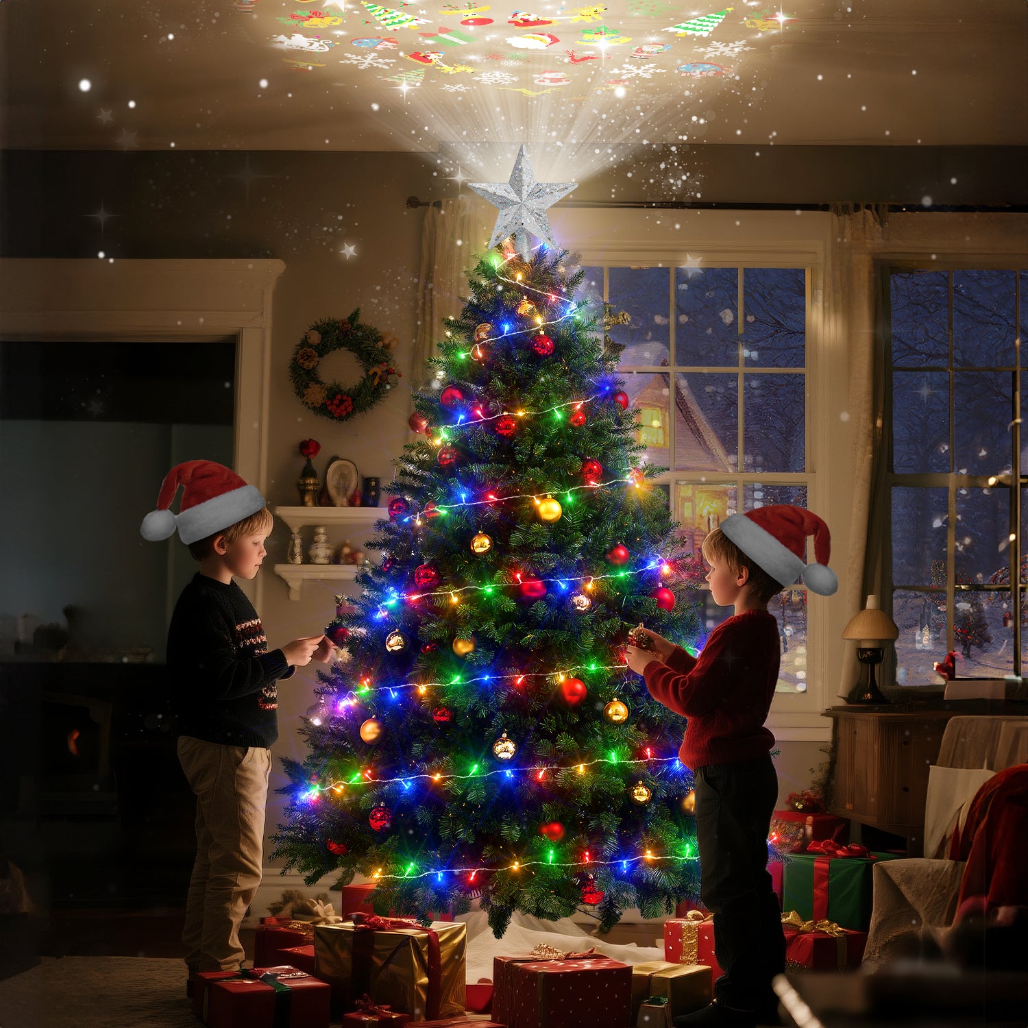 Two children in Santa hats decorating a Christmas tree in a cozy living room.