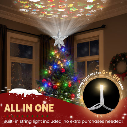 Christmas tree with projector and string lights in a room with windows.