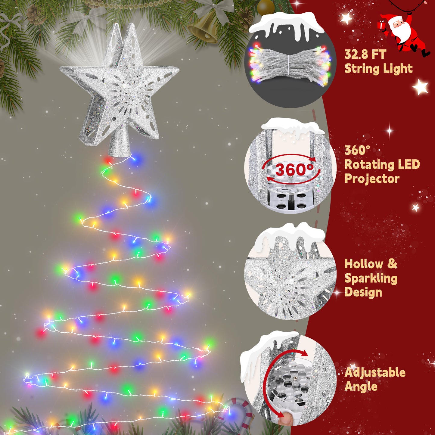 Christmas light set with string lights, LED projector, and star decoration on a gray background.