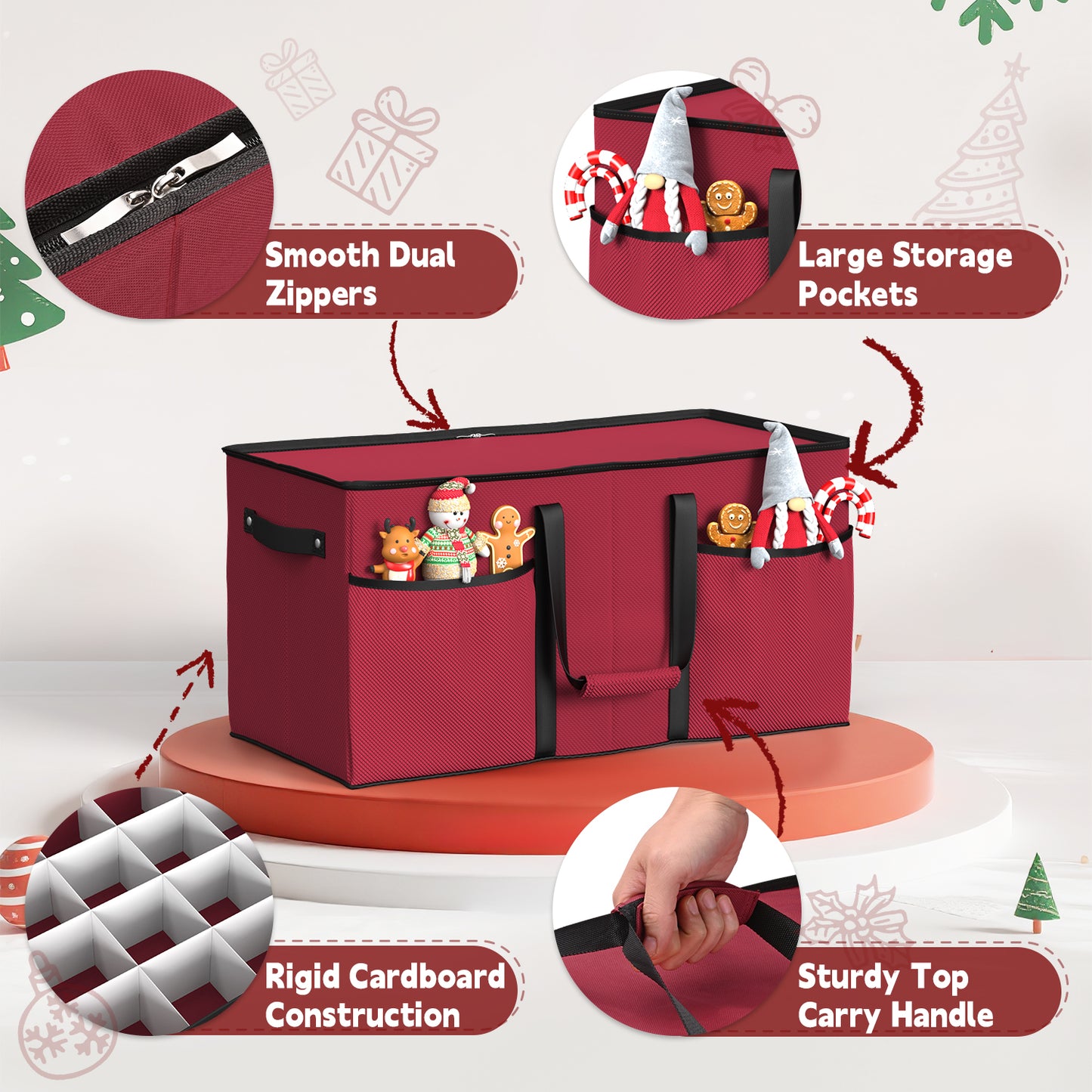 Christmas Ornament Storage Box with 8 Trays(Rose Red)