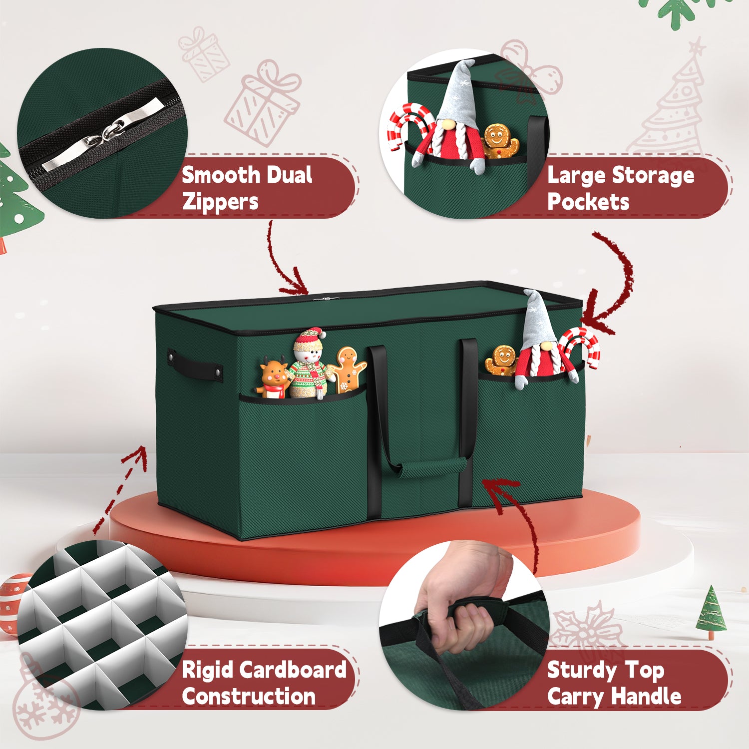Christmas Ornament Storage Box with 8 Trays(Deep Green)