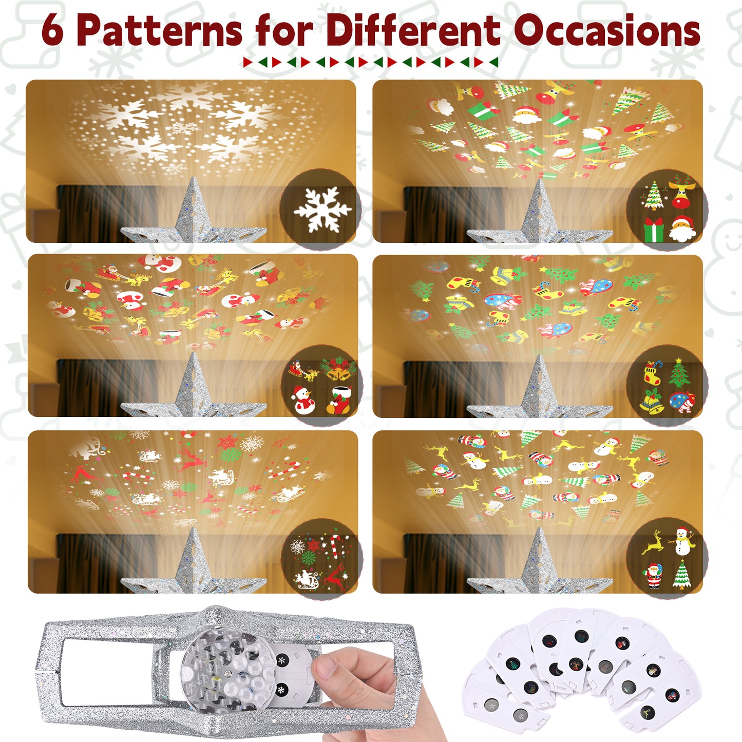 Ceiling light projector with six different pattern designs displayed on a white background.