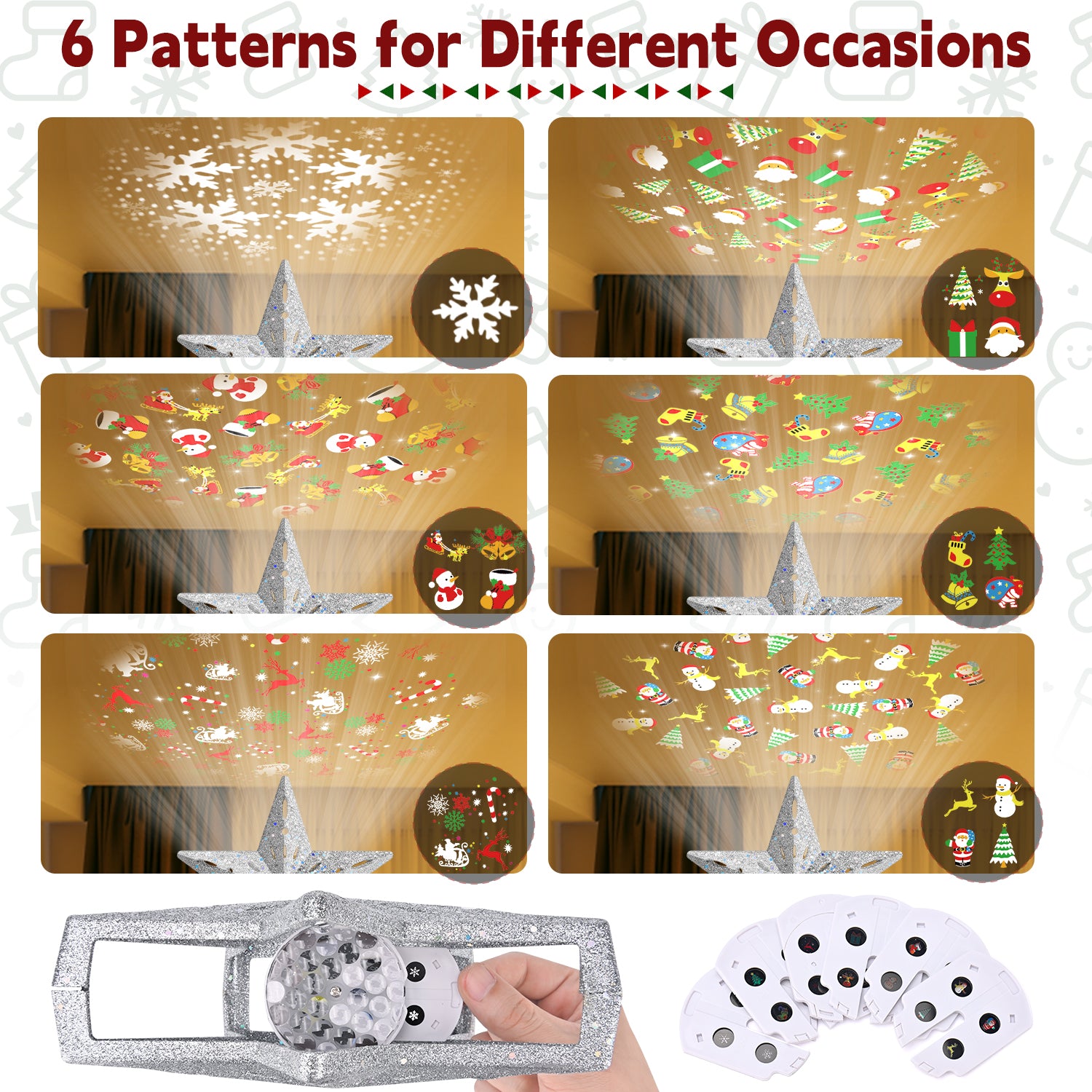 Ceiling light projector with six different pattern designs displayed on a white background.
