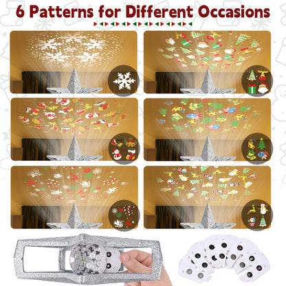 Ceiling light projector with six different pattern designs displayed on a white background.