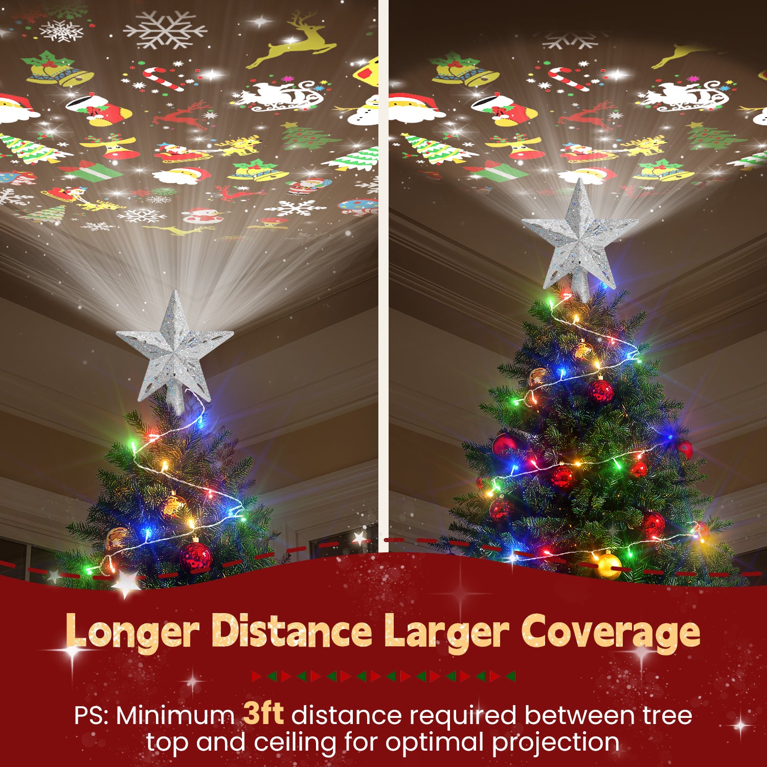 Christmas tree with projector and decorative lights, showing projection on the ceiling.