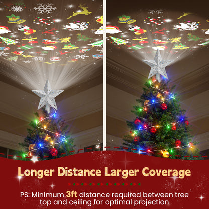 Christmas tree with projector and decorative lights, showing projection on the ceiling.