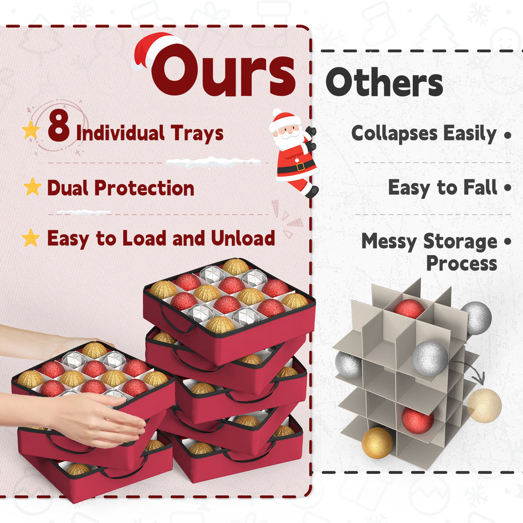 Christmas Ornament Storage Box with 8 Trays(Rose Red)