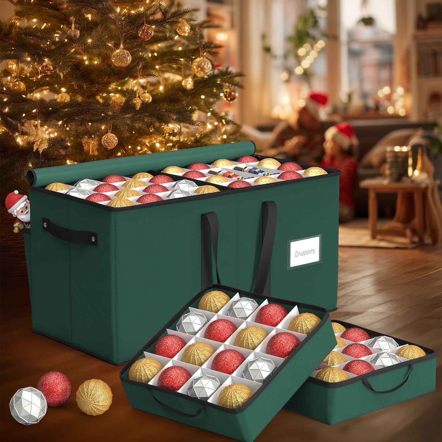 Christmas Ornament Storage Box with 8 Trays(Deep Green)