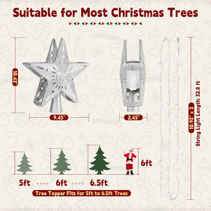 Christmas tree topper and string lights with measurements and compatibility details on a white background.