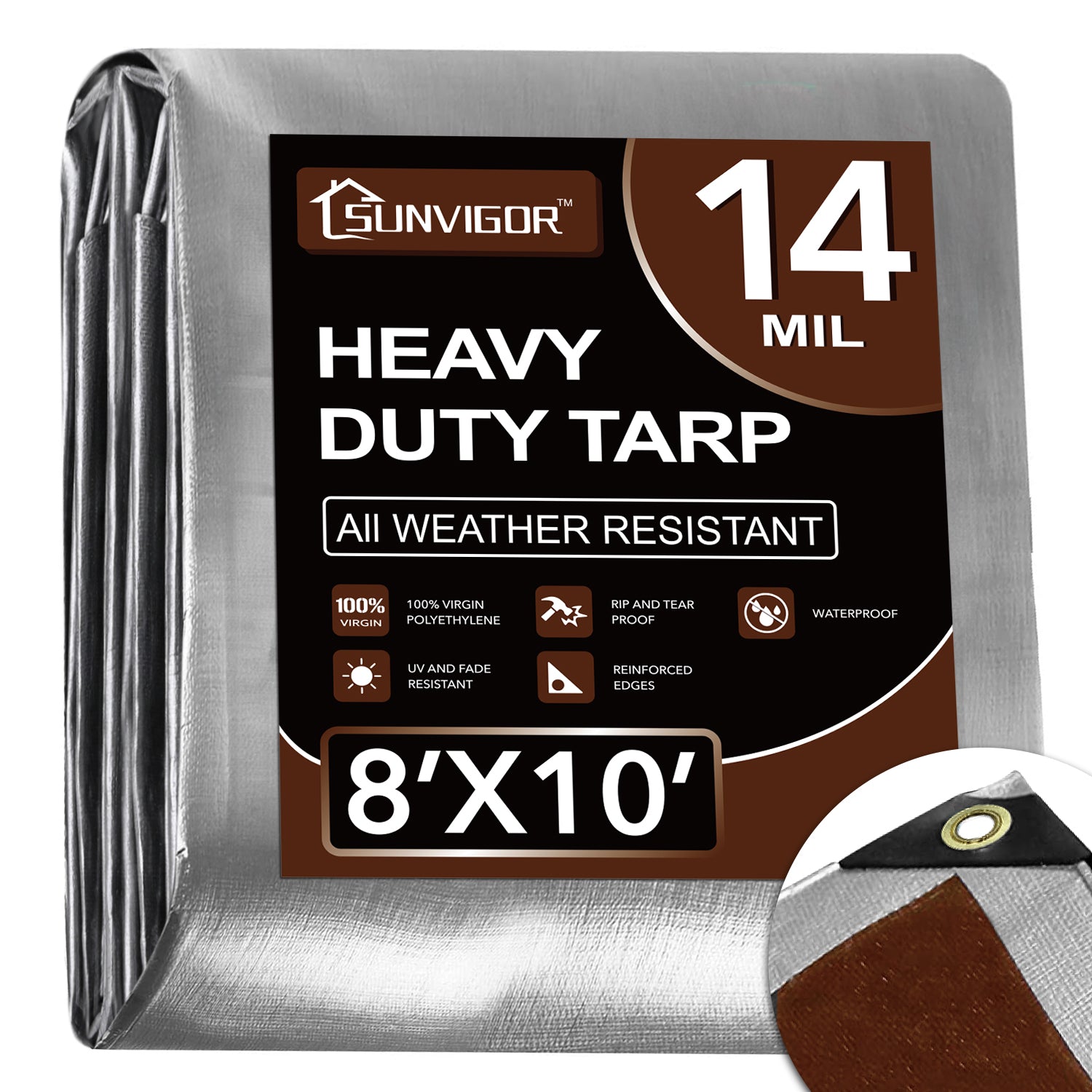 Sunvigor 14Mil 8x10FT heavy-duty tarp packaging with specifications on a white background