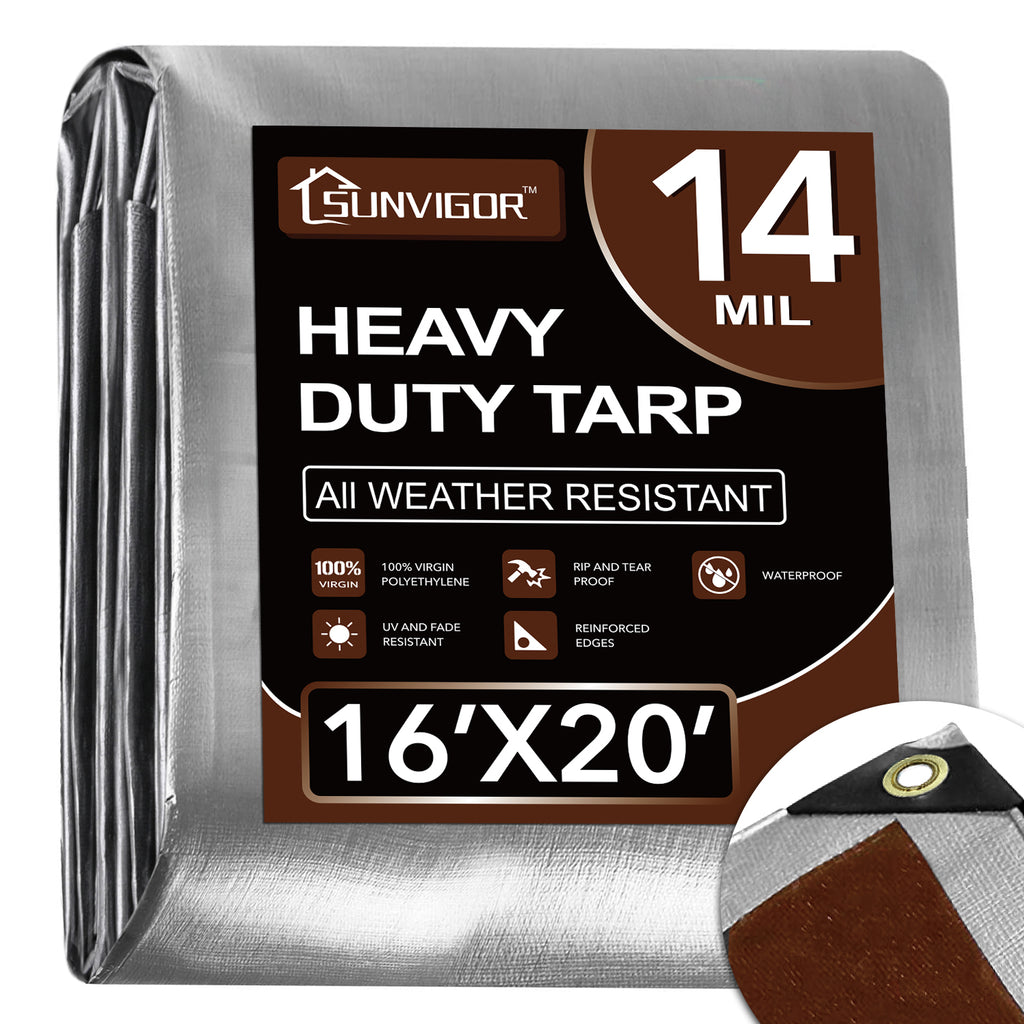 Sunvigor 14 mil 16x20 heavy duty water-resistant tarp for roof protection