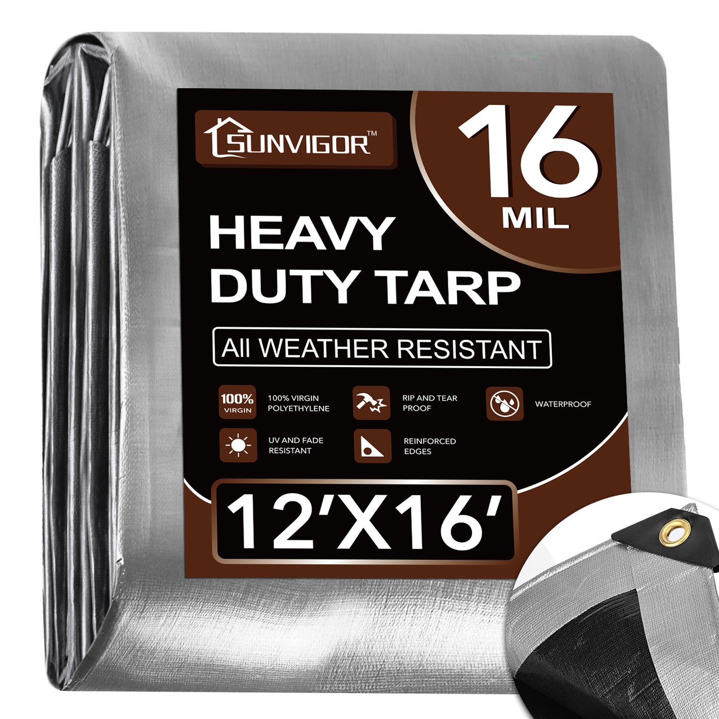 Heavy-duty tarp with Sunvigor branding on a white background, 16mil 12x16FT