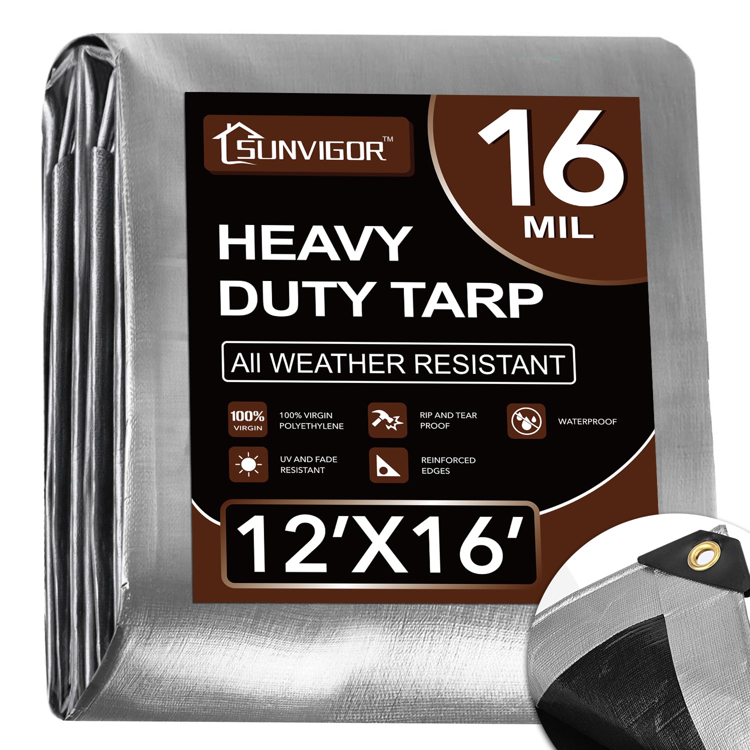 Heavy-duty tarp with Sunvigor branding on a white background, 16mil 12x16FT