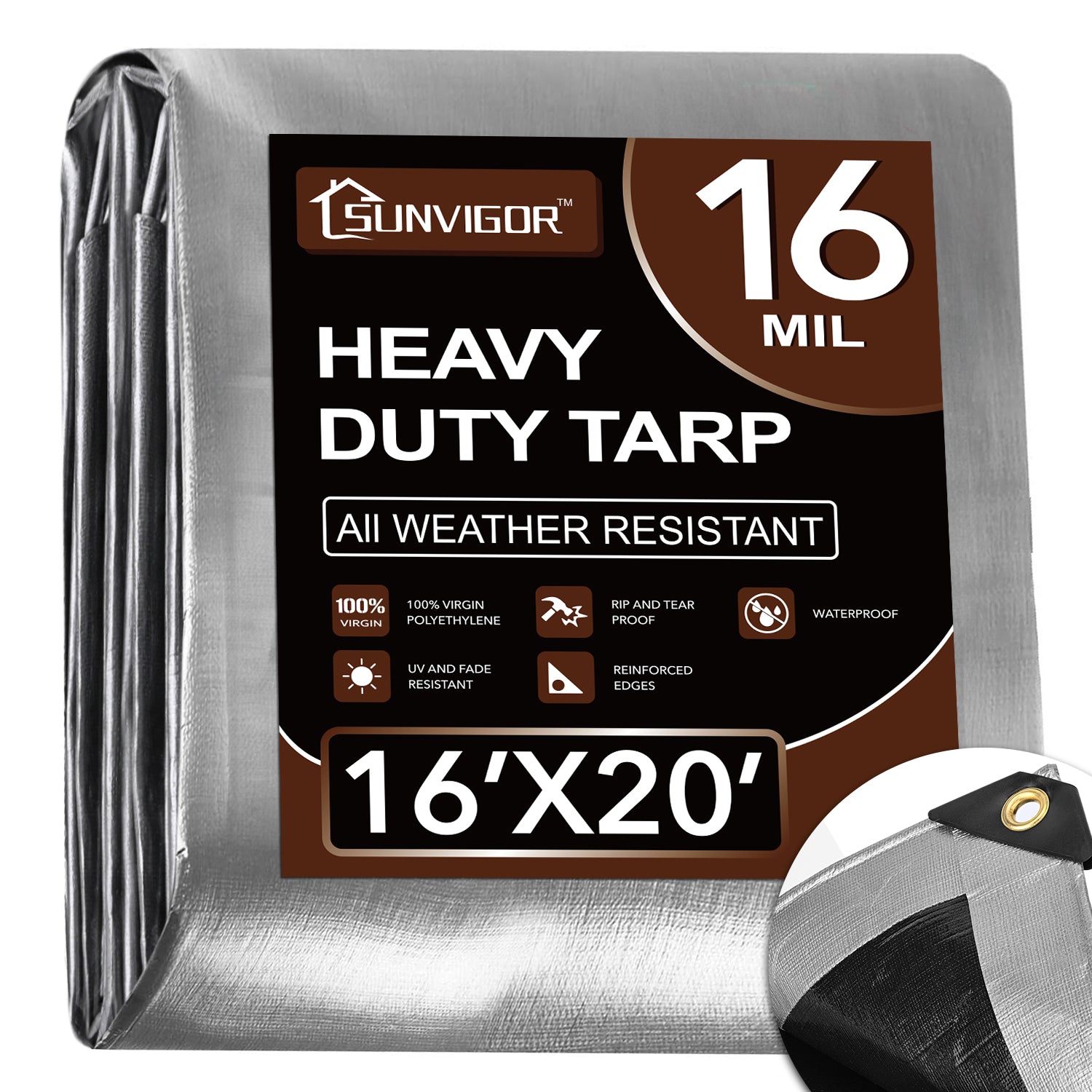 Sunvigor heavy-duty tarp packaging with specifications on a white  background, 16mil 16x20FT