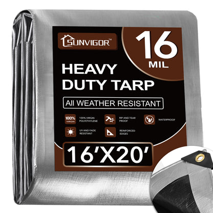 Sunvigor heavy-duty tarp packaging with specifications on a white  background, 16mil 16x20FT